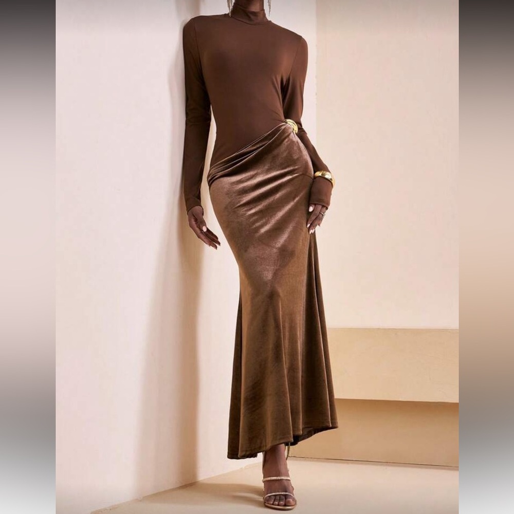 Brown velvet contrast drop waist midi fitted dress asymmetrical bodycon dress - Picture 4 of 6